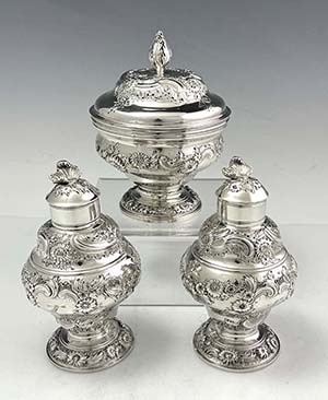 English antique silver tea caddy set with sugar bowl